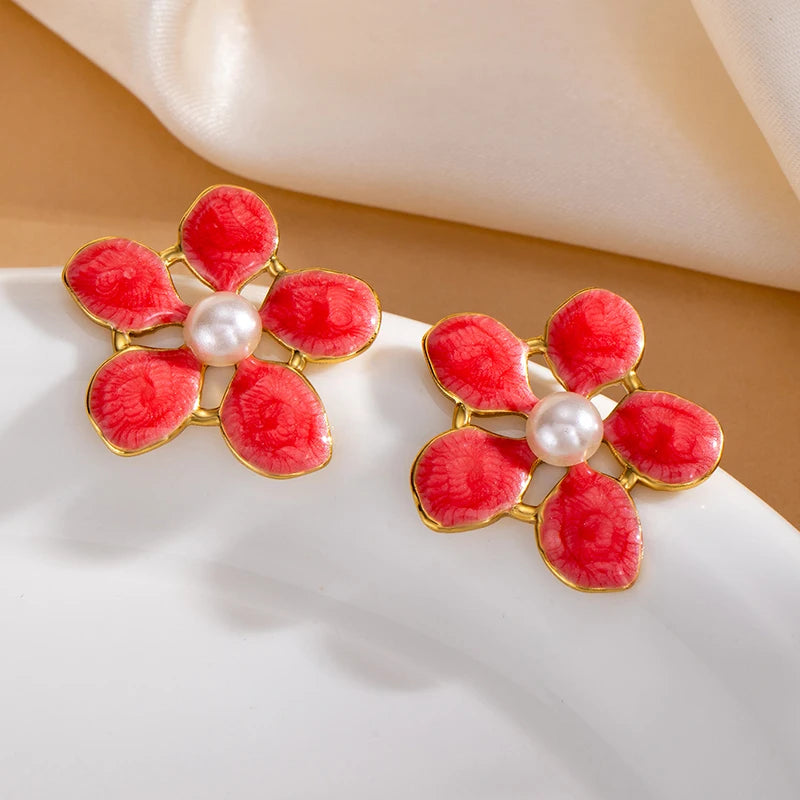 ANENJERY 316L Stainless Steel Flowers Imitating Pearls Stud Earrings For Women Luxury Niche Temperament Simple Jewelry Gift