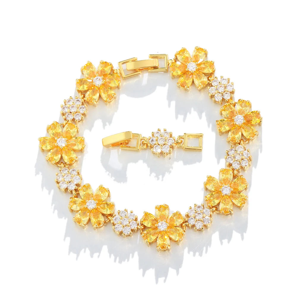 ThreeGraces High Quality Green Cubic Zirconia Gold Color Flower Link Chain Bracelet for Women Fashion Dubai Party Jewelry BR294