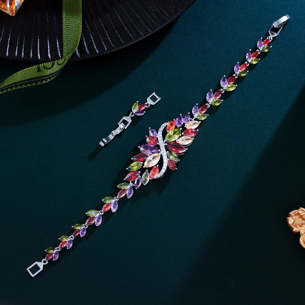 ThreeGraces Luxury Shiny Multicolor Zirconia Big Leaf Bracelet for Women Fashion Bridal Wedding Evening Party Jewelry BR402