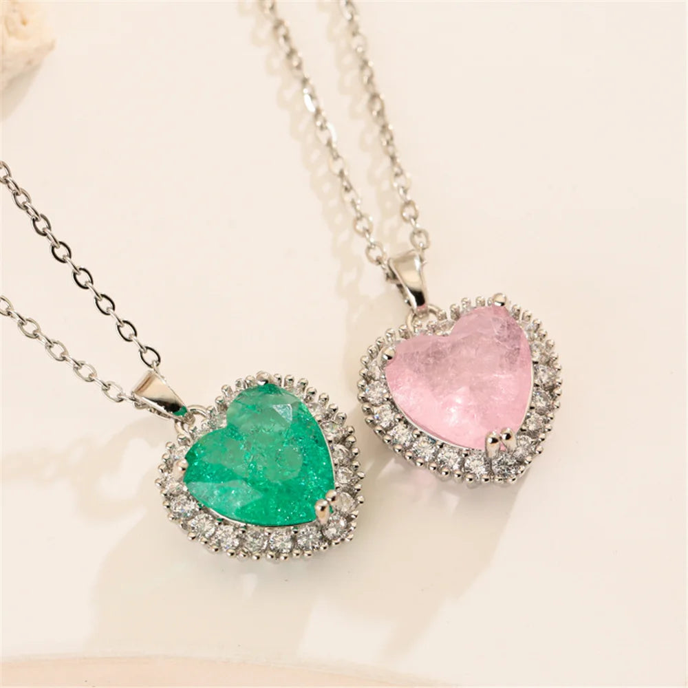 Small Heart Love Charm Female Pink Green Zircon 2026 Fashion Pendant Necklace Gold Silver Color Wedding Jewelry For Cute Women