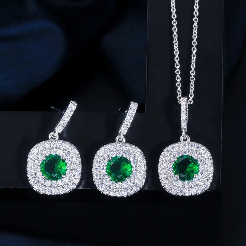 ThreeGraces New Fashion Shiny Green Zirconia Earrings and Pendant Necklace Wedding Evening Party  Jewelry Set for Women JS581