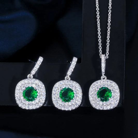 ThreeGraces New Fashion Shiny Green Zirconia Earrings and Pendant Necklace Wedding Evening Party  Jewelry Set for Women JS581