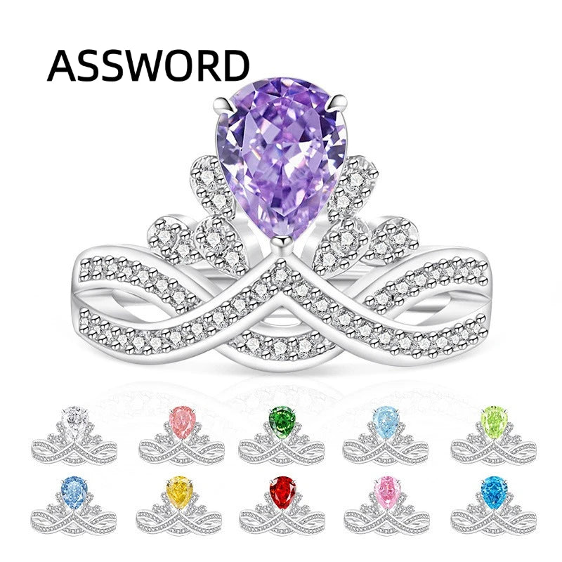 925 Sterling Silver Crown Teardrop Ice Flower Cut Cubic Zirconia Ring Twisted Split Shank Wedding Jewelry Gift for Women