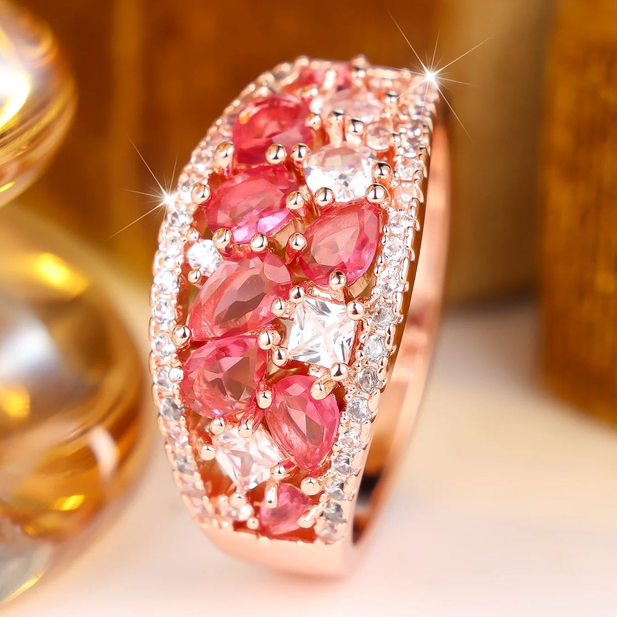 Small Charm Female Red Rose Zircon Stone Round Ring Gold Color Wedding Jewelry For Women