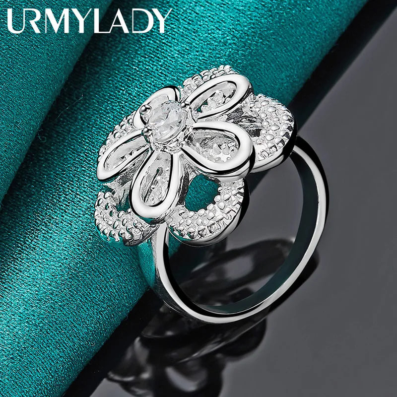 URMYLADY 925 Sterling Silver Double Flower Zircon 7-10# Ring For Women Wedding Engagement Party Fashion Jewelry
