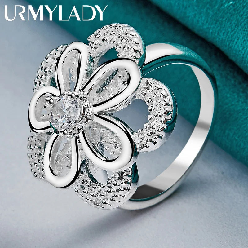 URMYLADY 925 Sterling Silver Double Flower Zircon 7-10# Ring For Women Wedding Engagement Party Fashion Jewelry