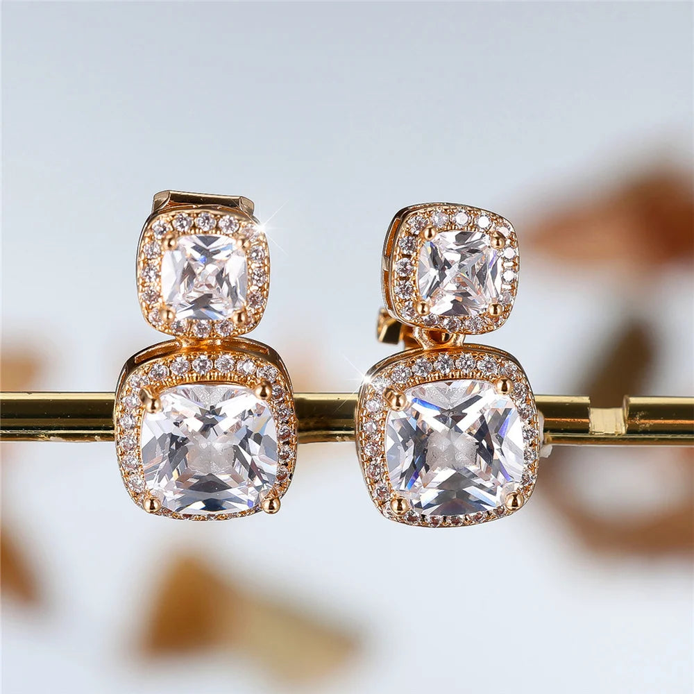 Luxury Big White Zircon Clip Earrings For Women Luxury Crystal Female Silver Color Round Wedding Jewelry