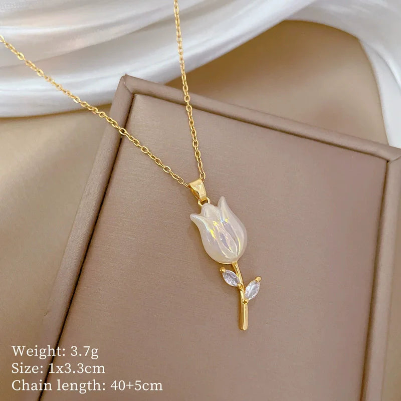EILIECK 316L Stainless Steel Fashion Chic Cubic Zirconia Flower Pendant Necklace Tarnish Resistant Stylish Neck Chain Jewelry