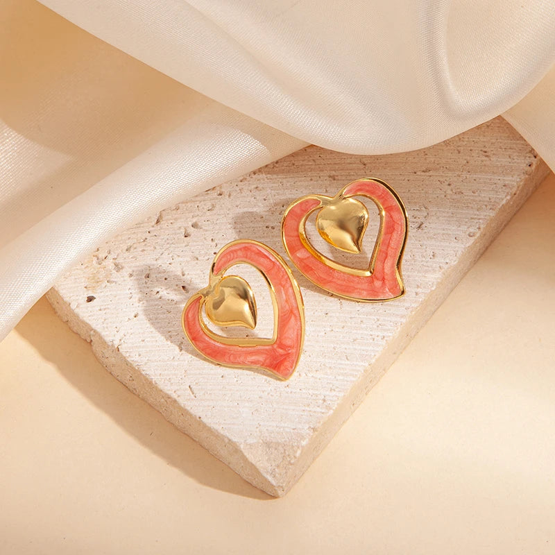 ANENJERY 316L Stainless Steel Hollow Double Heart Stud Earrings For Women Special Luxury Design Lady Jewelry Gifts
