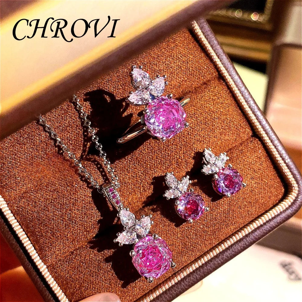 Luxury 925 Sterling Silver Millennium Rose Diamond Pendant Necklace, Diamond Ring and Stud Earring Set
