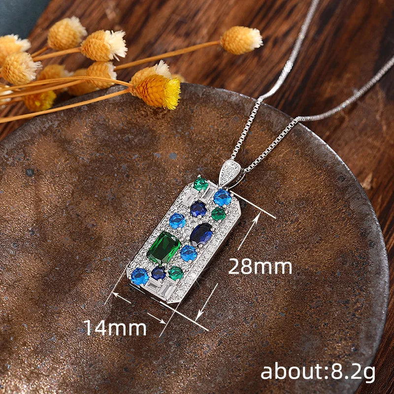 Huitan Blue/Green Cubic Zirconia Pendant Necklace for Women Luxury Trendy Bridal Wedding Neck Accessories Silver Color Jewelry