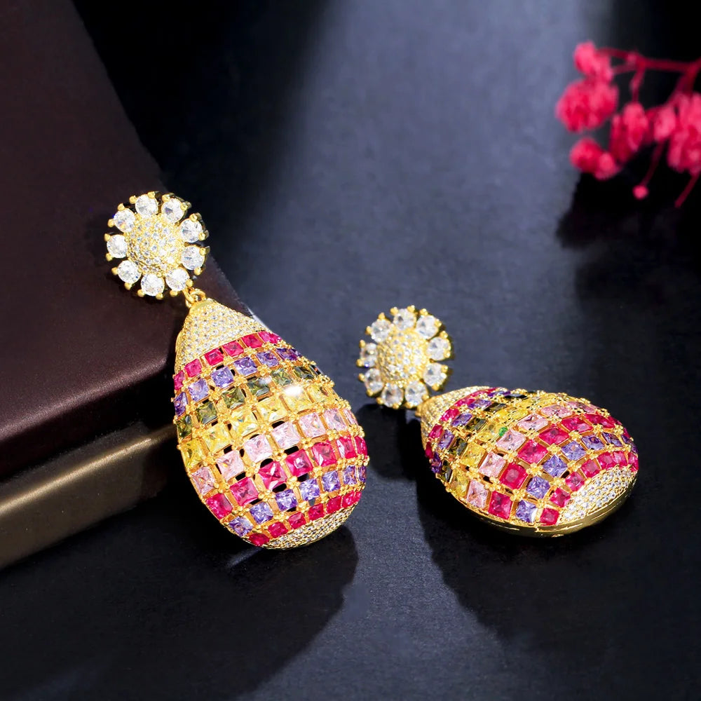 ThreeGraces Gorgeous Shiny Cubic Zirconia Multicolor Long Big Dangle Luxury Women Wedding Flower Earrings Chunky Jewelry ER991