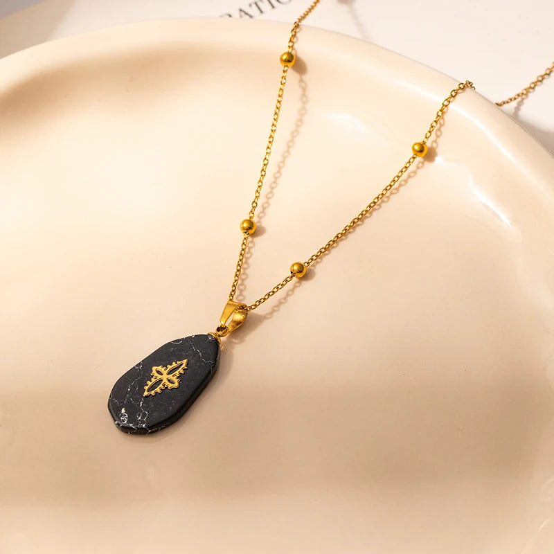 ANENJERY 316L Stainless Steel Geometry Stone Star Sun Cross Necklace For Women Vintage Fashion Niche Lady Jewelry Gift Wholesale