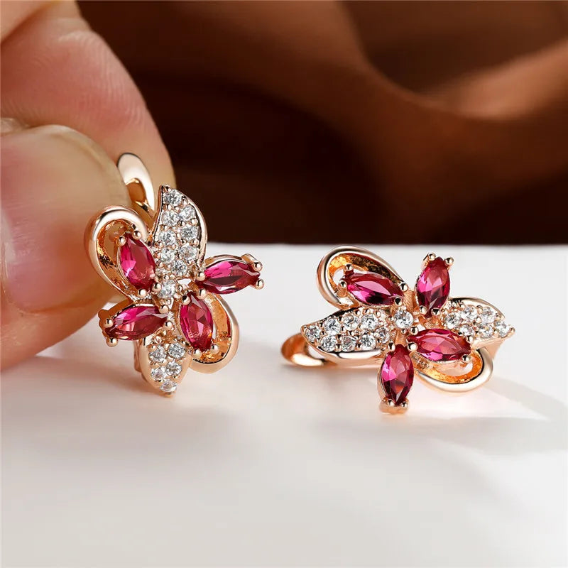 Cute Star Flower Multicolor Red Blue Zircon Stone Hoop Earrings Rose Gold Color Wedding Jewelry For Women