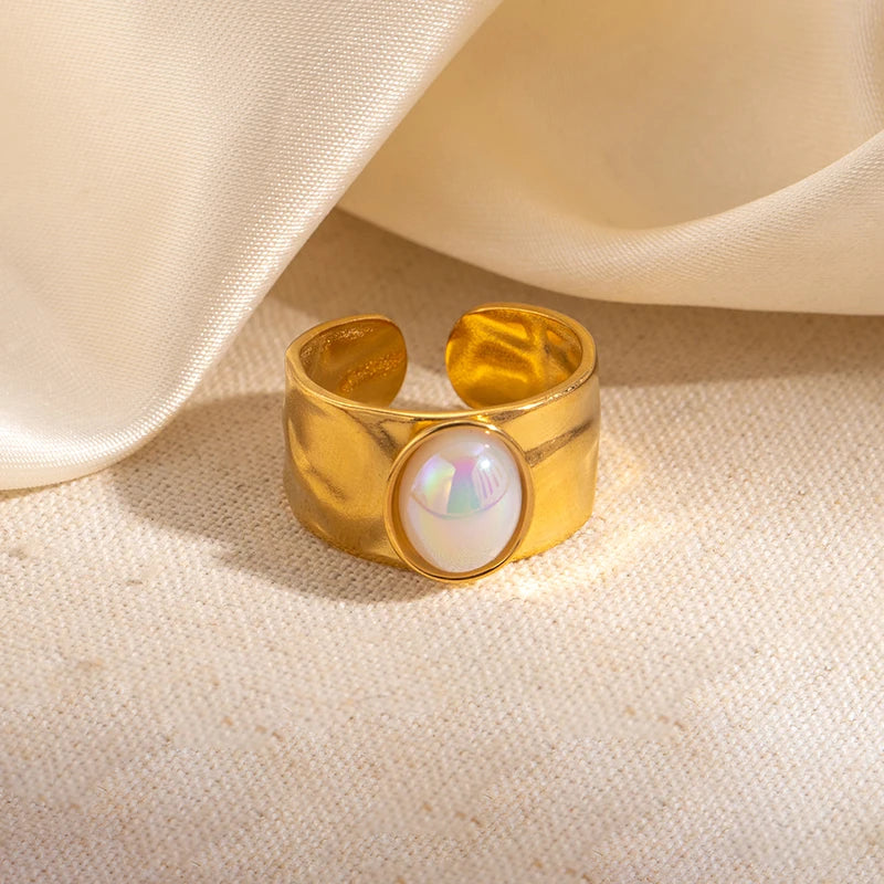 ANENJERY 316L Stainless Steel Colorful Stone Wide Smooth Open Ring for Women Men Elegant Noble Jewelry Gifts Wholesale