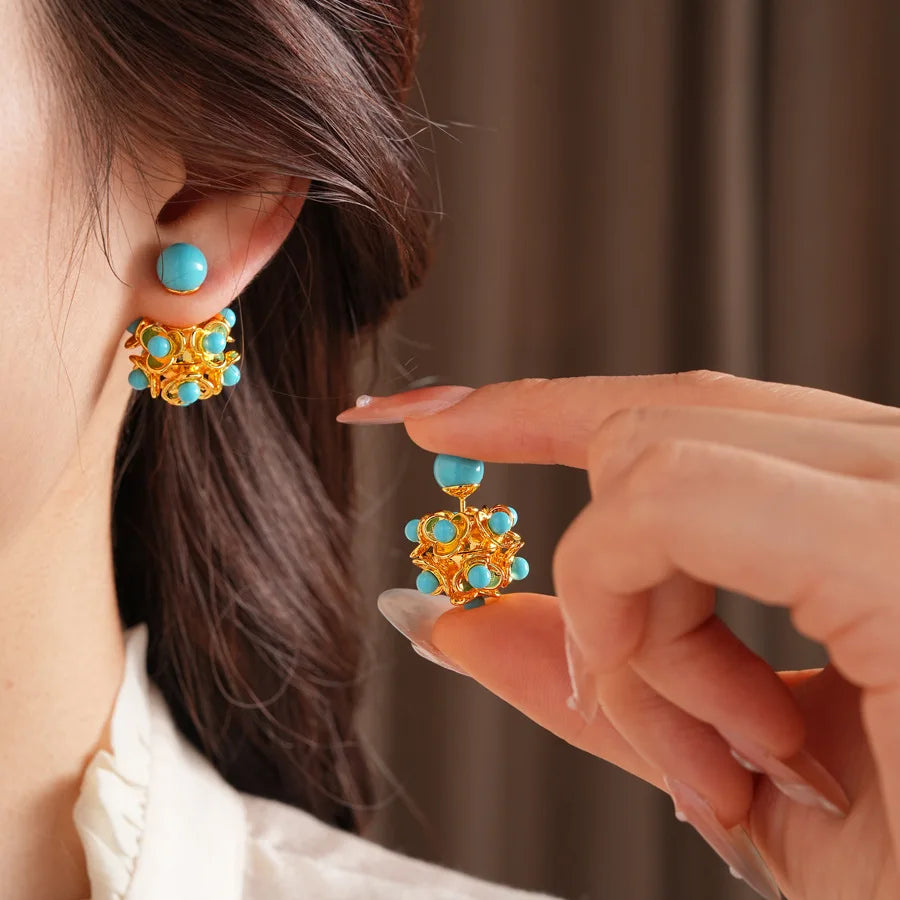 Dual-style Cubic Resin Flower Hollow Out Stud Earrings for Lady Retro Double Balls Ear Studs Statement Party Jewelry N1