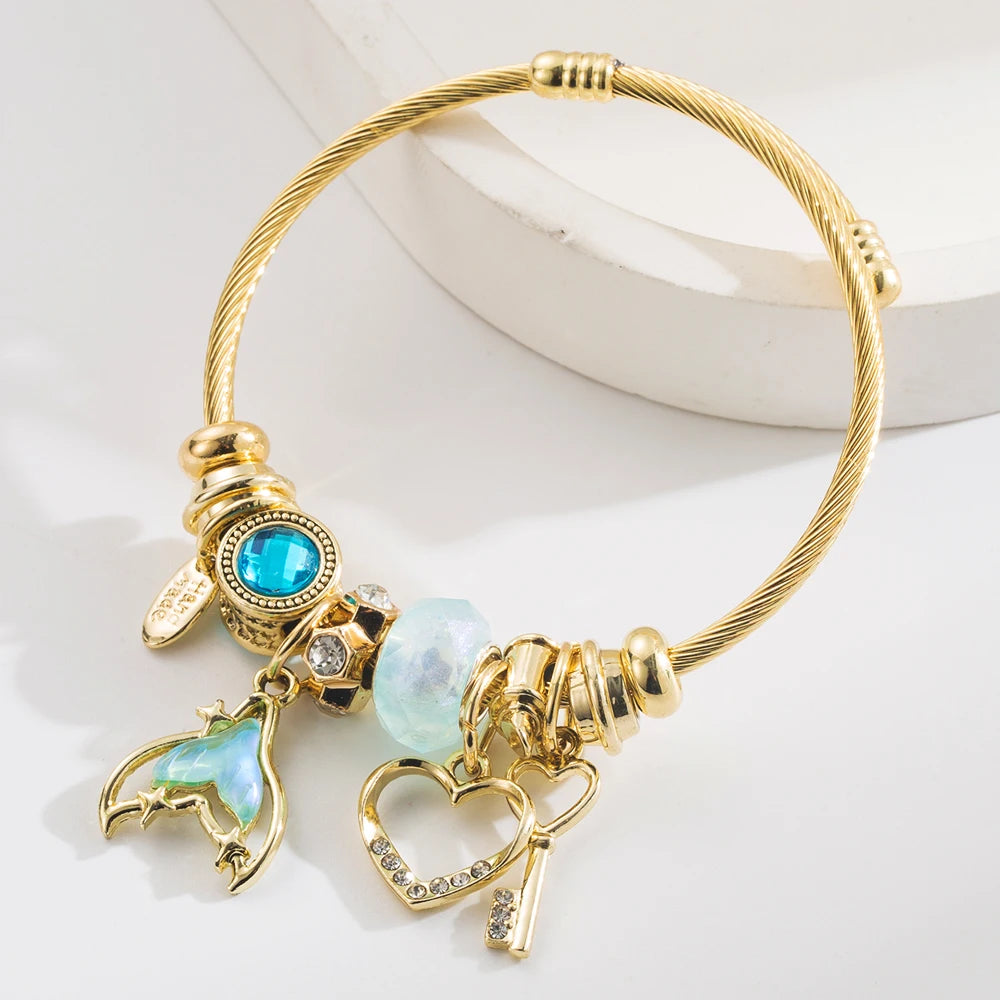 New DIY Pan Jia Duo La Bracelet with Diamond Fish Tail Heart Key Pendant Fairy Style Adjustable Couple Bracelet