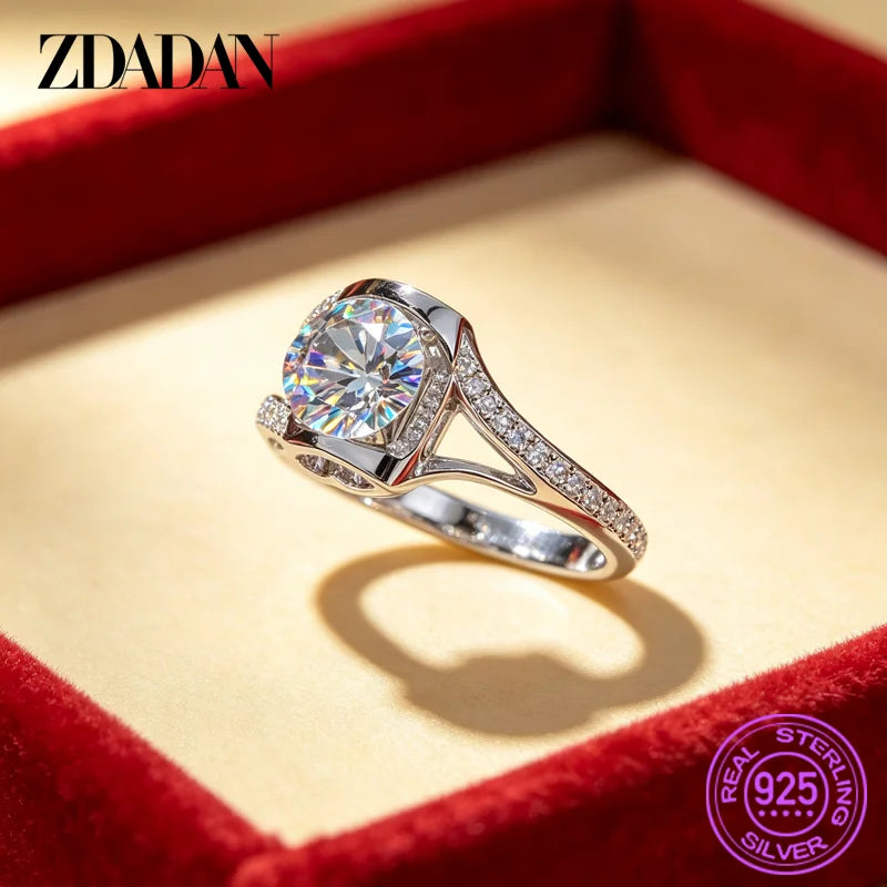 ZDADAN 925 Sterling Silver 6.5mm 8mm Round Zircon Open Adjustable Rings For Women Fashion Jewelry