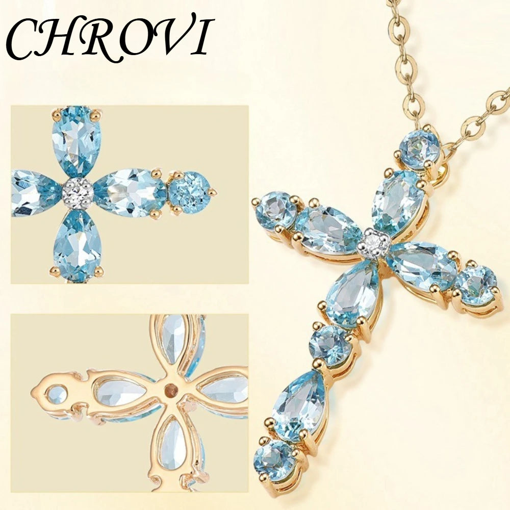 Luxury-Style 925 Sterling Silver Topaz Natural Colored Gemstone Cross Beaded Necklace for Women, Around the Neck