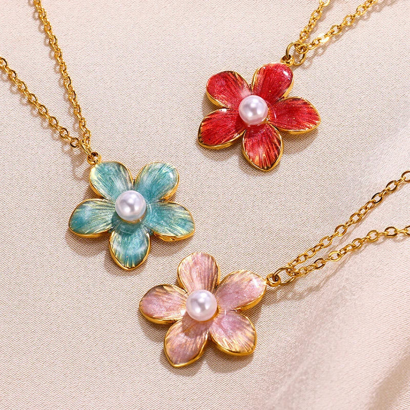 ANENJERY 316L Stainless Steel Enamel Colorful Flower Pearl Pendant Necklace For Women Sweet French Luxury Jewelry Gift Wholesale