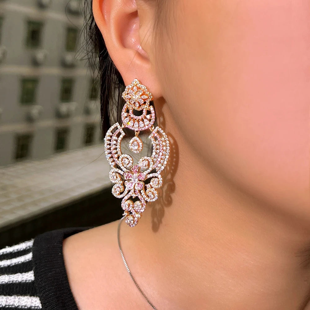 ThreeGraces Vintage Pink Zirconia Luxury Long Big Dangle Earrings for Women Delicate Wedding Evening Party Jewelry E1764