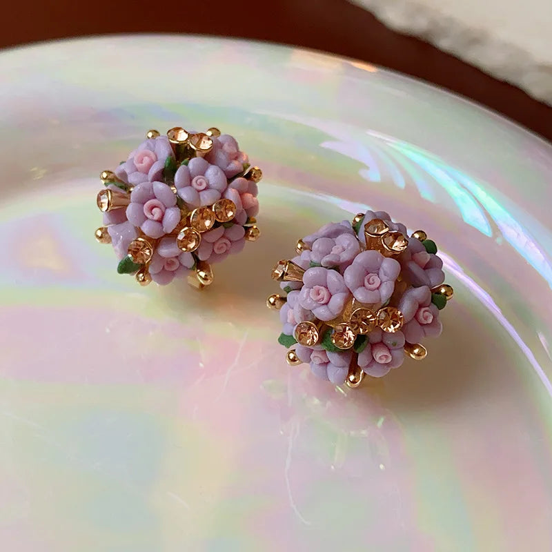 Pink Rhinestone Ceramic Flower Ball New in Stud Earrings for Women Temperament Versatile Earring Luxury Silver Jewelry Wholesale