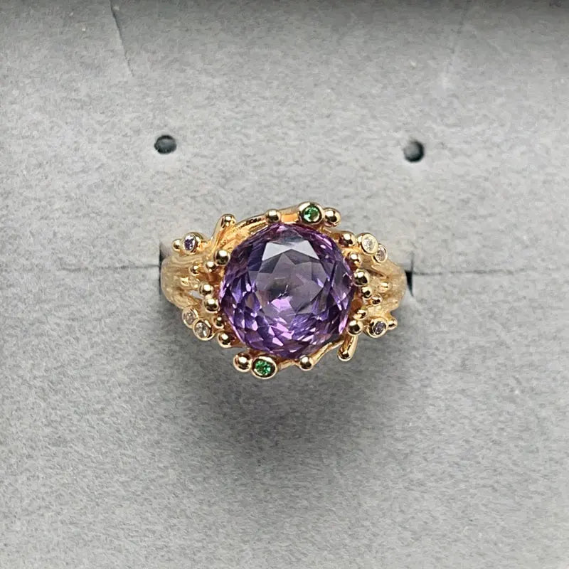 Pure Amethyst Ring for Party 10mm 4ct Natural Amethyst 925 Silver Ring with Thick Gold Plated Birthday Gift for Girlfriend