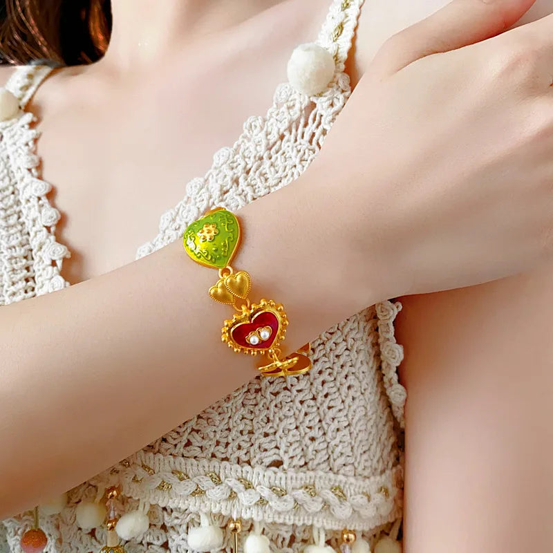 Vintage Bracelet Earrings Set for Women Drip Oil Love Flower Drop Earrings Light Luxury Jewelry Sets Wedding Party Gift