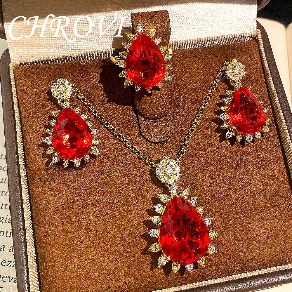 Fashionable and exquisite golden luxury gemstone drop-shaped pendant necklace, women's set including ring, earrings and pendant.