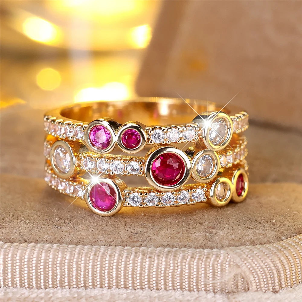 Cute Female Rose Red Zircon Stone Gold Color Wedding Jewelry Promise Engagement Rings For Women