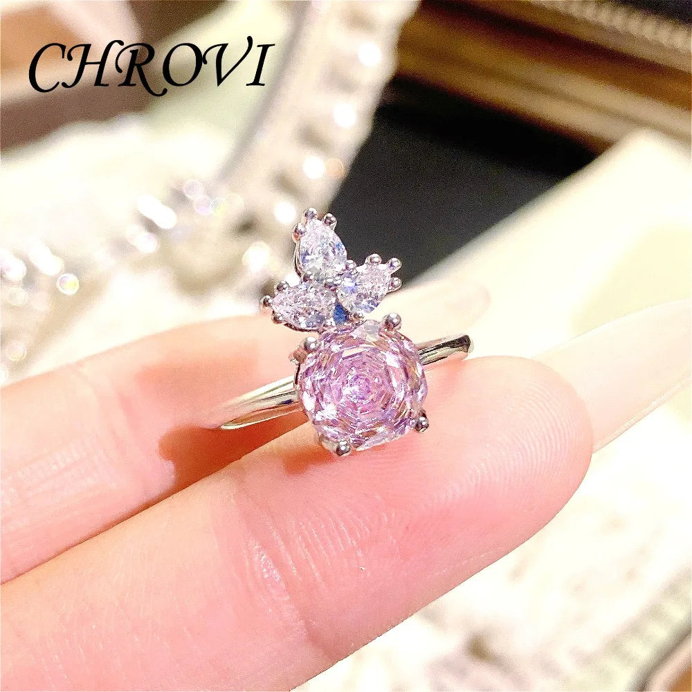 Luxury 925 Sterling Silver Millennium Rose Diamond Pendant Necklace, Diamond Ring and Stud Earring Set