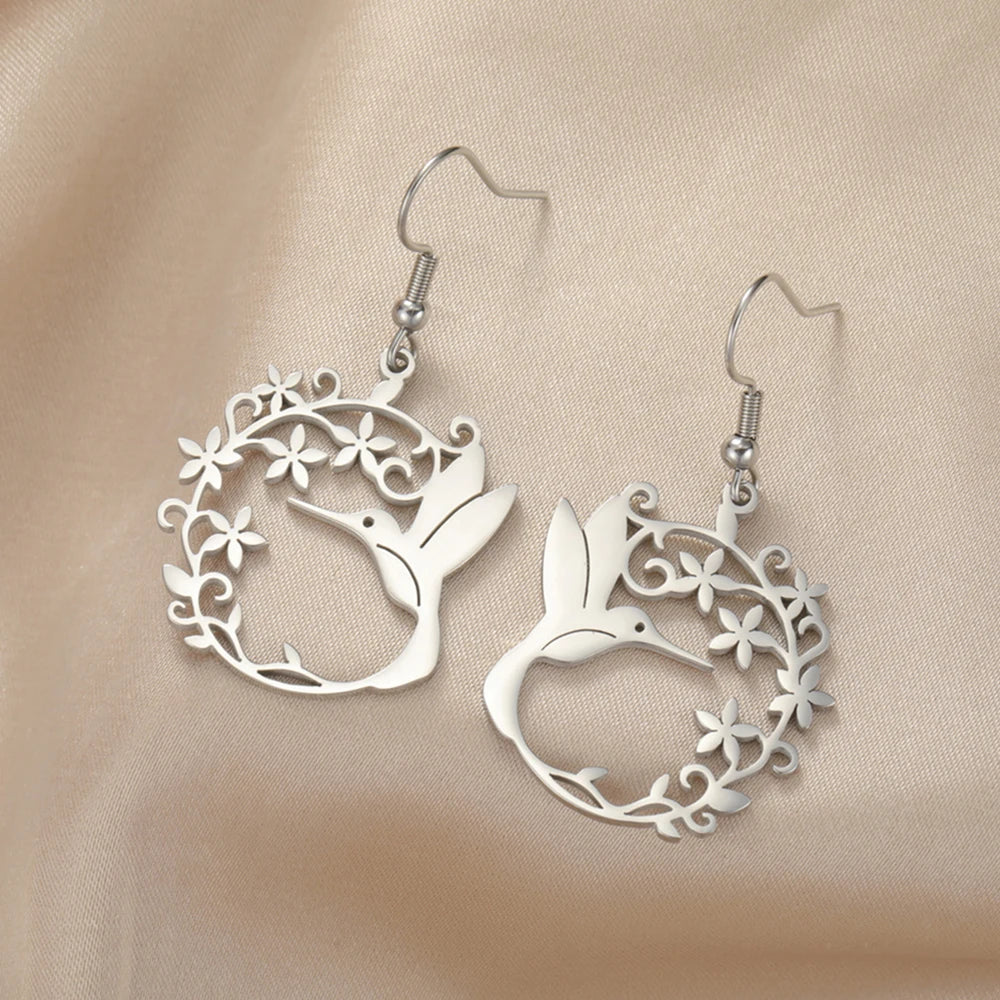 My Shape Hummingbird Earrings for Women Stainless Steel Flowers Birds Dangle Earrings Filigree Boho Fashion Jewelry  Gifts