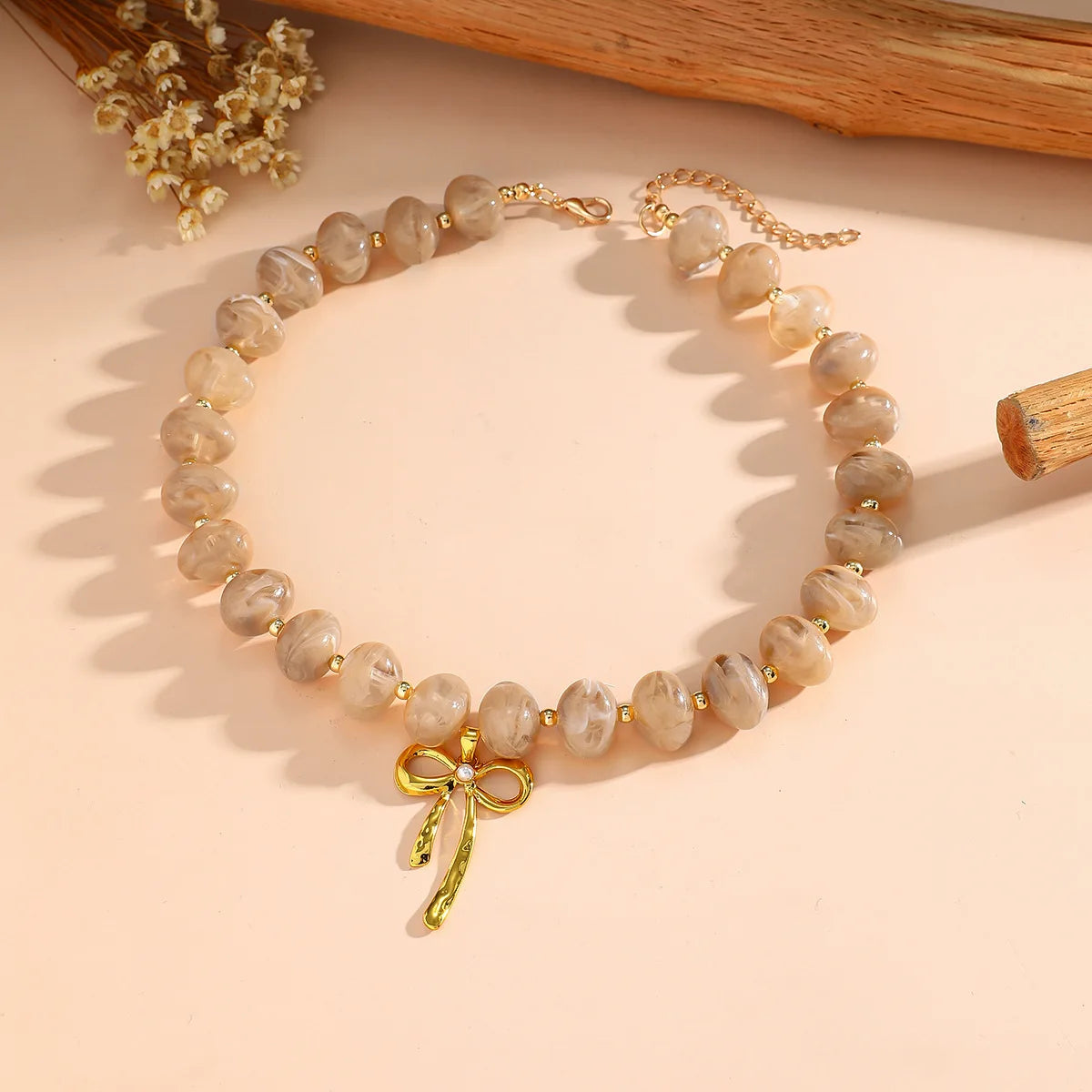 Pink Acrylic Round Beads Choker Necklace for Women Stainless Steel Gold Color Bowknot Pendant Collars Boho Beach Jewelry Gifts