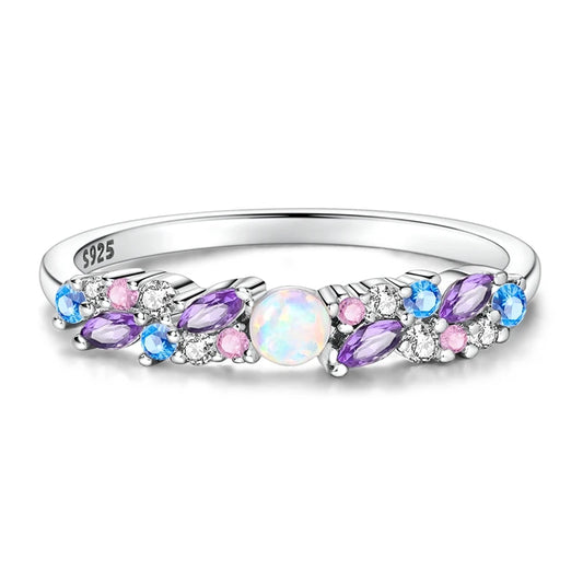 Original 925 Sterling Silver Sparkling Ice-Blue Purple Opal Ring For Women Girls Jewelry Birthday Anniversary Gifts