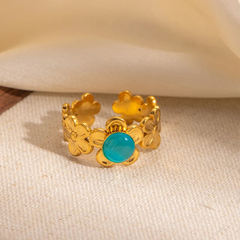 ANENJERY 316L Stainless Steel Flower Inlaid Colorful Stone Open Ring for Women Men Beauty Delicate Jewelry Gifts Wholesale