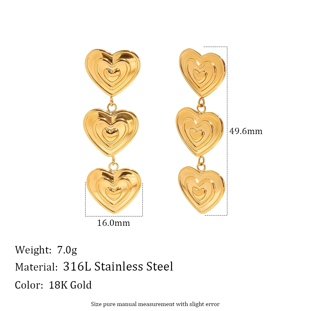 E.B.belle Modern Triple Heart Stud Earrings For Women 18K Gold Plated Waterproof Stainless Steel Earrings Fashion Ladies Jewelry