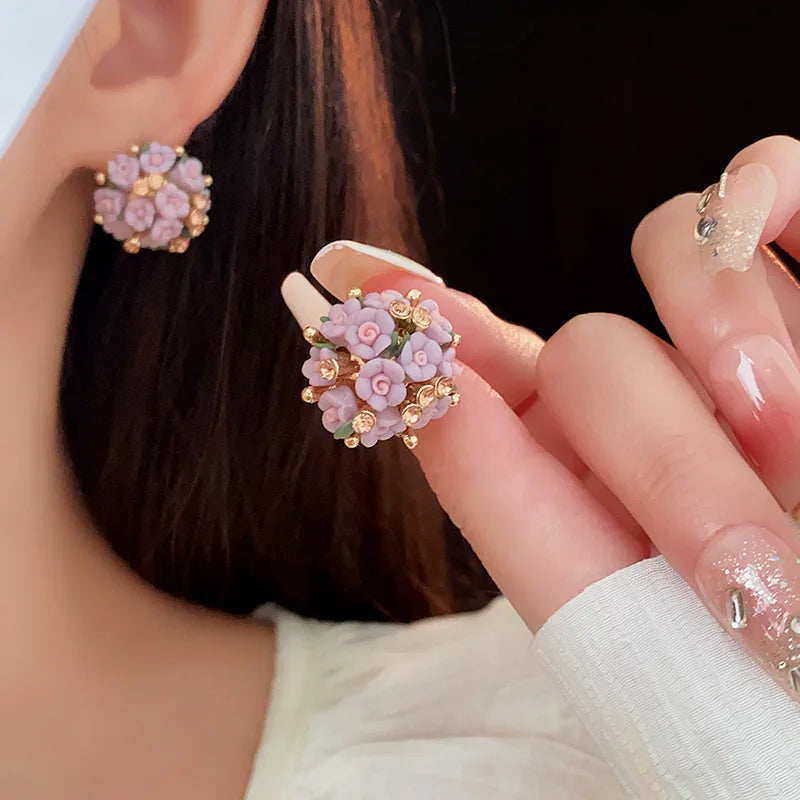 Pink Rhinestone Ceramic Flower Ball New in Stud Earrings for Women Temperament Versatile Earring Luxury Silver Jewelry Wholesale