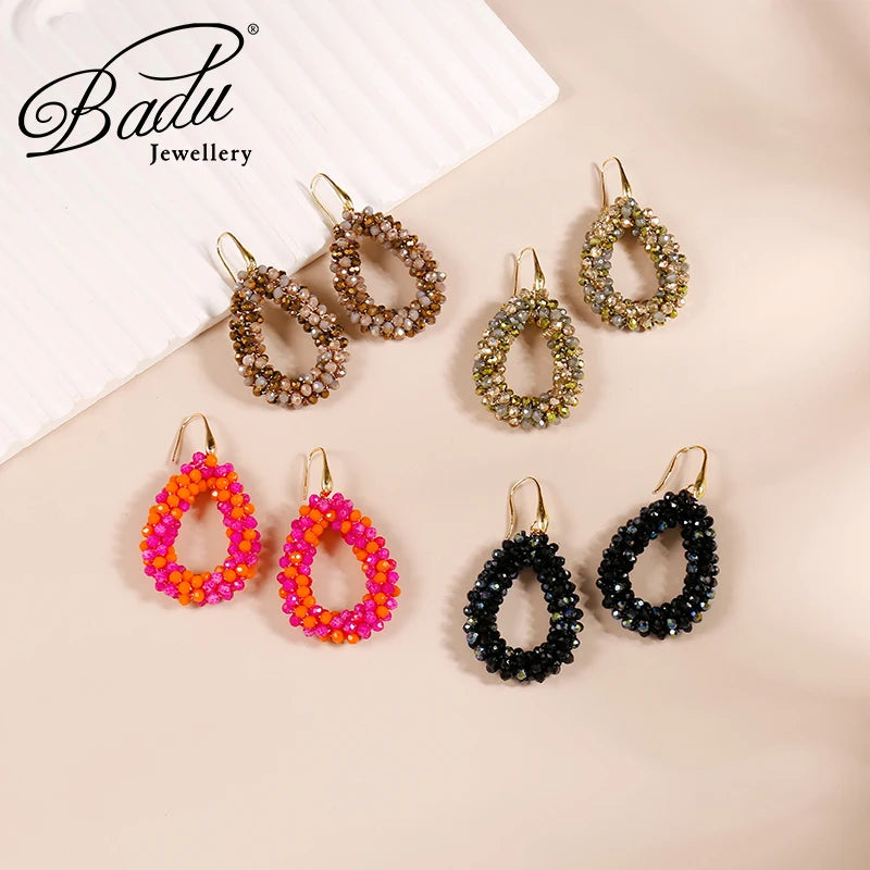 Badu Colorful Beaded Dangle Earrings for Women Boho Handmade Crystal Faceted Beads Teardrop Earrings Statement Fashion Jewelry