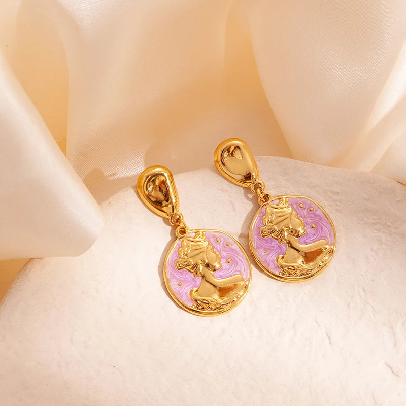ANENJERY 316L Stainless Steel Portrait Round Card Pendant Earrings For Women Vintage Personality Versatile Party Jewelry Gifts