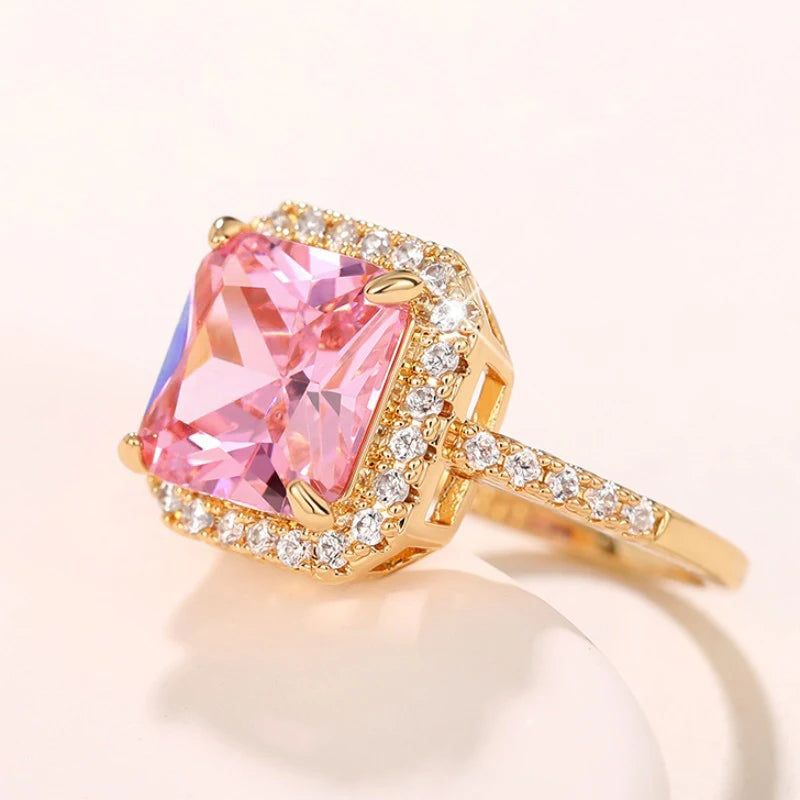 Huitan Temperament Sweet Pink CZ Women Rings Anniversary Party Luxury Trendy Female Accessories Fancy Gift Fashion Jewelry