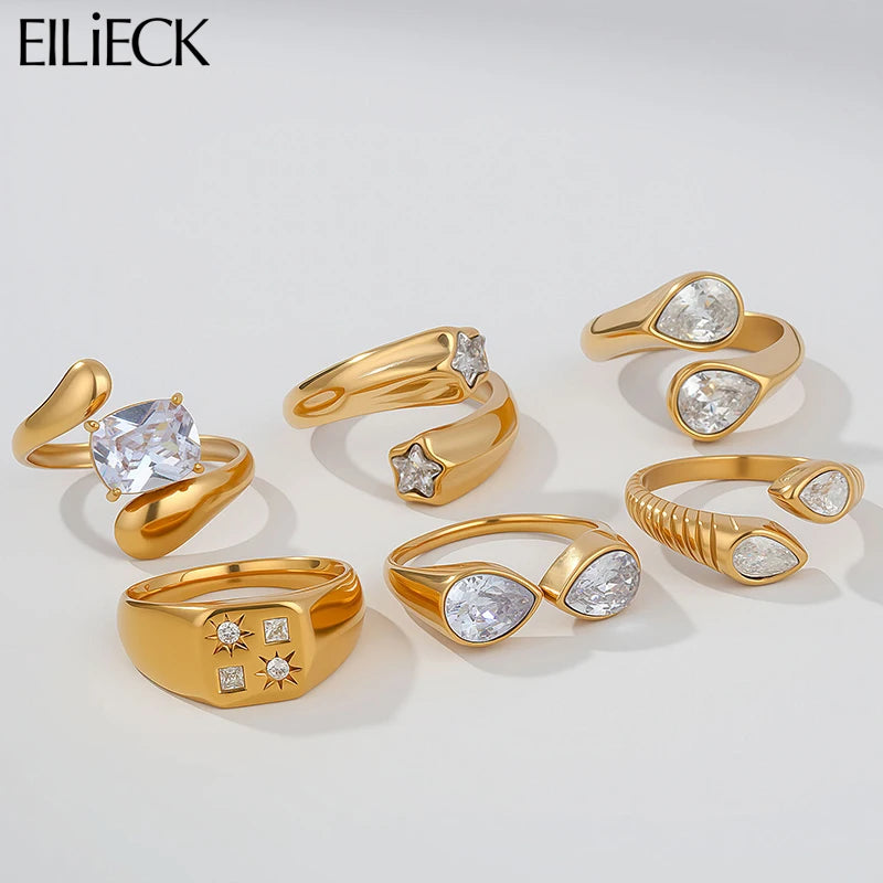 EILIECK Delicate Cubic Zirconia Teardrop Adjustable Rings Stainless Steel Fashion Open Ring High Quality Chic Charm Jewelry