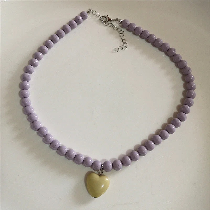 Kpop Resin Candy Color Heart Pendant Glass Beaded Short Choker Collar Neck Necklace Aesthetic Charm Jewelry Y2K Accessories