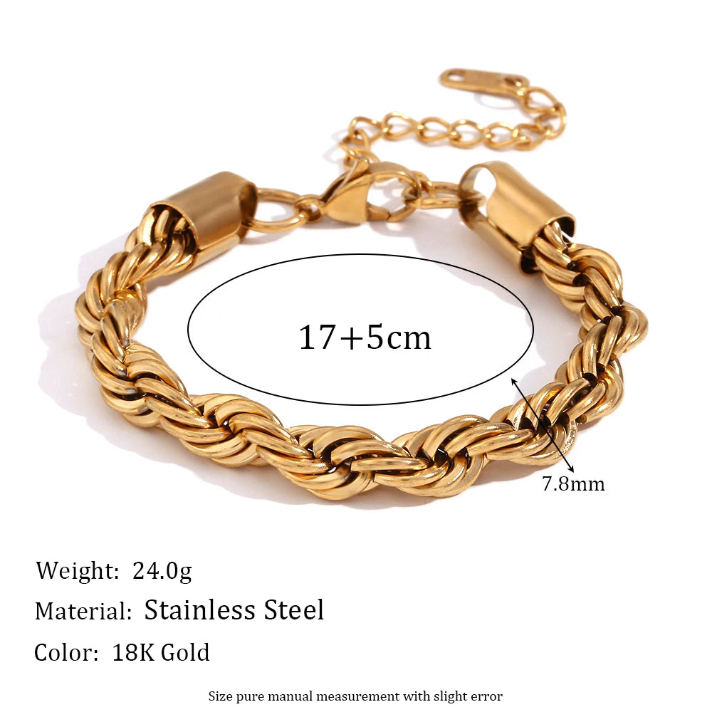 E.B.belle Tarnish Free Stainless Steel 18K Gold Plated Women's 8mm Chunky Twisted Rope Chain Necklace Trendy Gold Bracelet