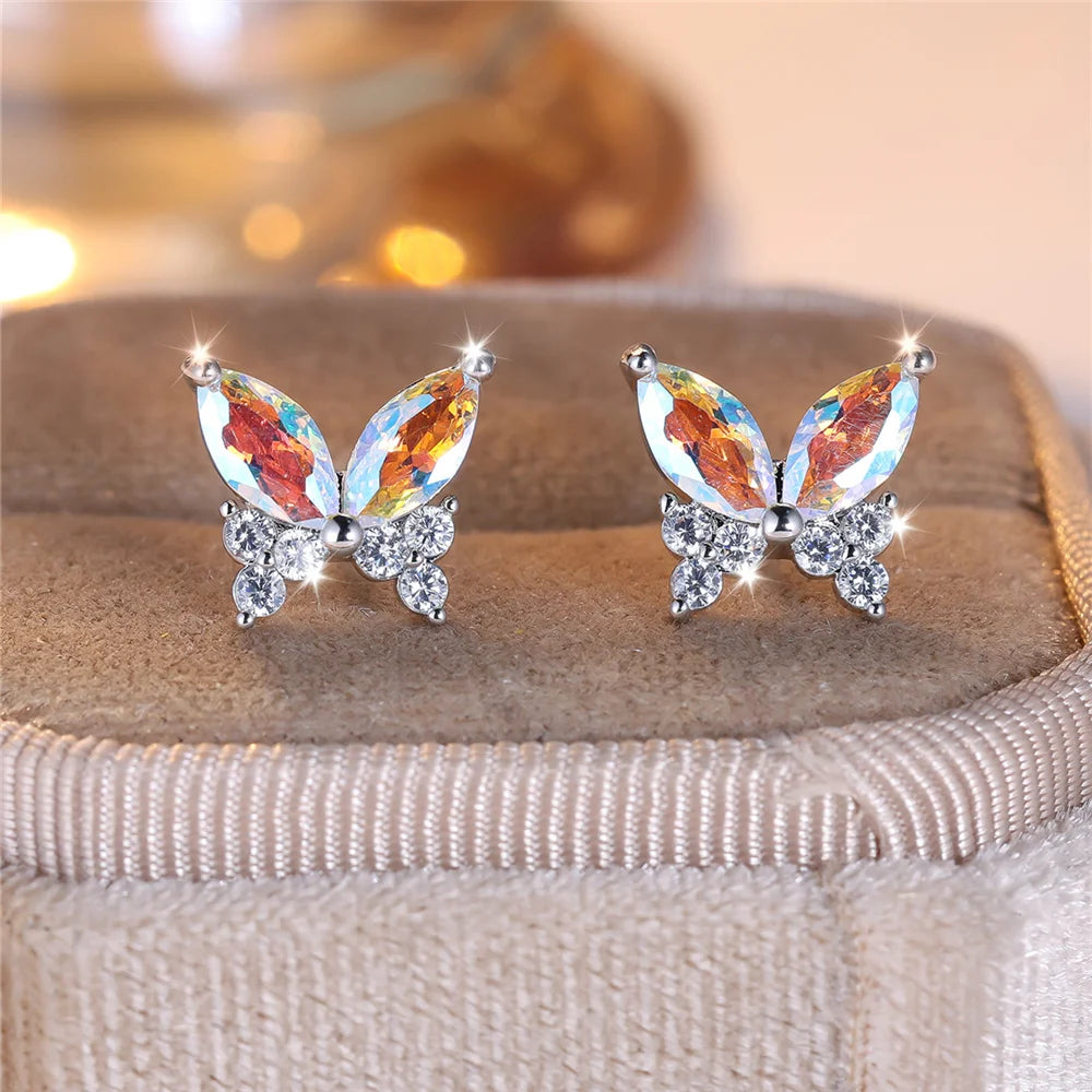 Cute Female White Butterfly Zircon Stone Stud Earrings Silver Color Uquare Girlfriend Gift Wedding Jewelry For Women