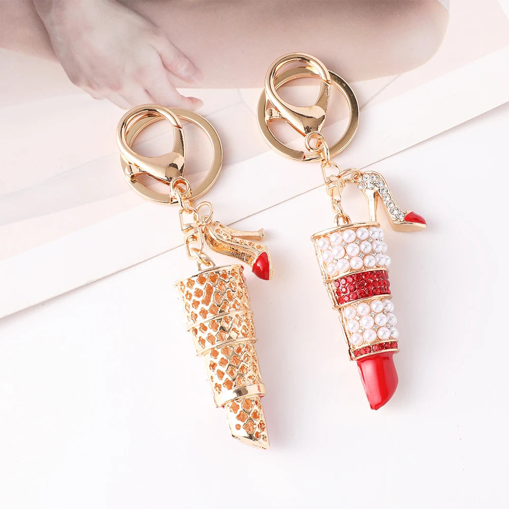 Elegant Ladies Lipstick Keychain High Heels Pendant Car Keyring Pearl Rhinestone Inlaid Metal Accessories