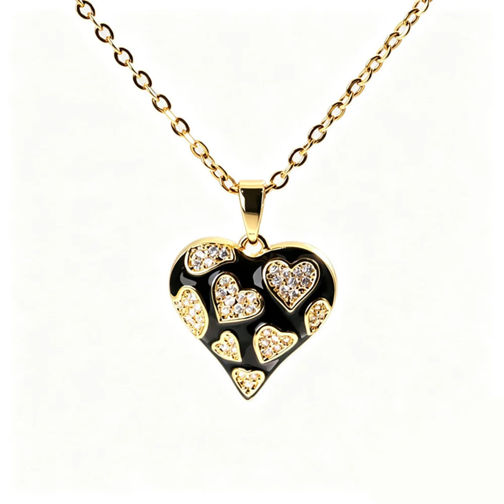 New Fashion Overlap Small Heart Love Charm Female Pink Green Zircon Pendant Necklace Gold Color Wedding Jewelry For Cute Women