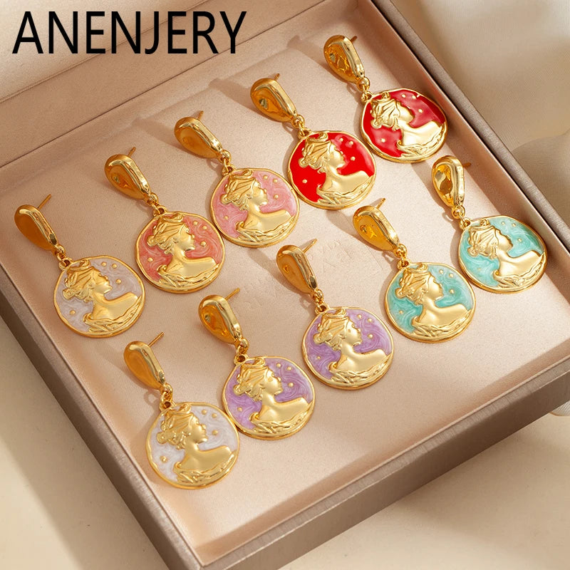 ANENJERY 316L Stainless Steel Portrait Round Card Pendant Earrings For Women Vintage Personality Versatile Party Jewelry Gifts