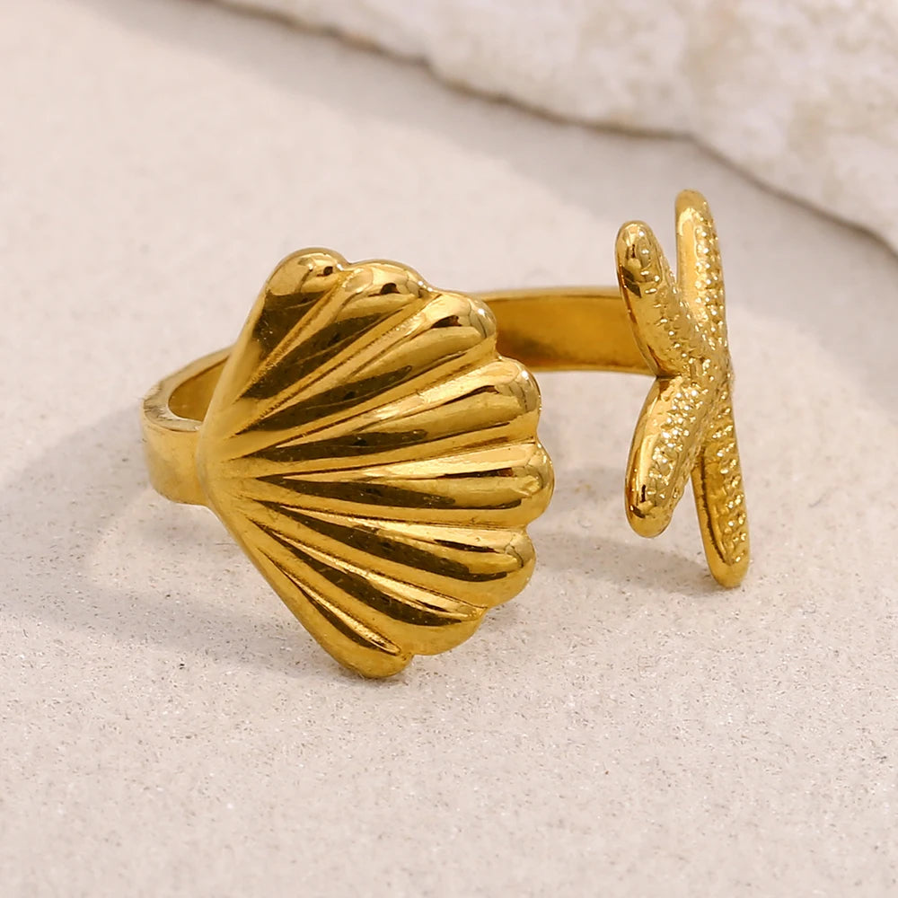 E.B.belle Personality Shell Starfish Opening Rings for Women New Fashion 316L Stainless Steel  PVD Plating Jewelry Decoration