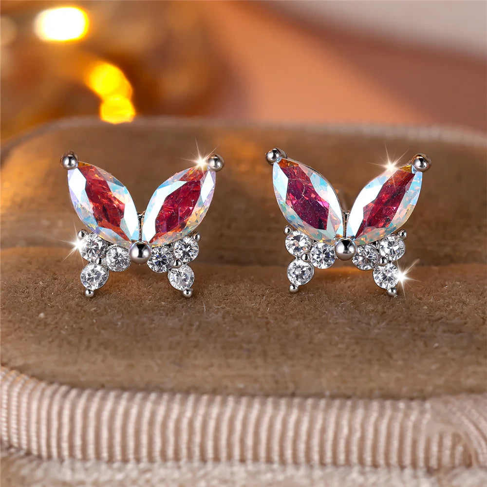 Cute Female White Butterfly Zircon Stone Stud Earrings Silver Color Uquare Girlfriend Gift Wedding Jewelry For Women