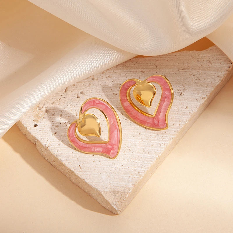 ANENJERY 316L Stainless Steel Hollow Double Heart Stud Earrings For Women Special Luxury Design Lady Jewelry Gifts